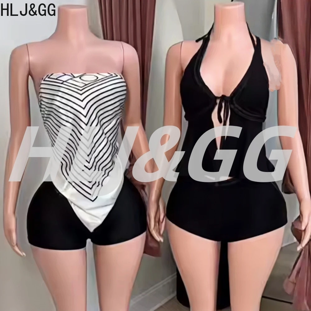 

HLJ&GG Sexy White Stripe Print Scarf Two Piece Sets Women Off Shoulder Sleeveless Backless Slim Top And Shorts Outfit Streetwear