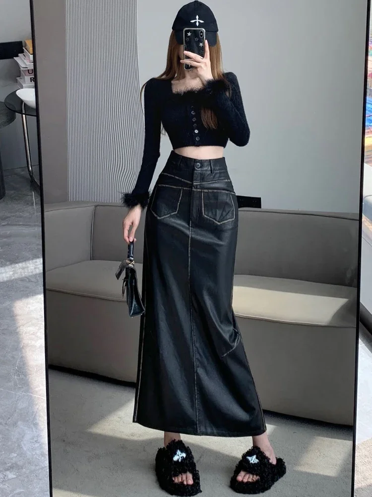 Feminino preto plutônio a linha saia longa vintage y2k saia harajuku coreano streetwear elegante retalhos saia 2000s roupas outono