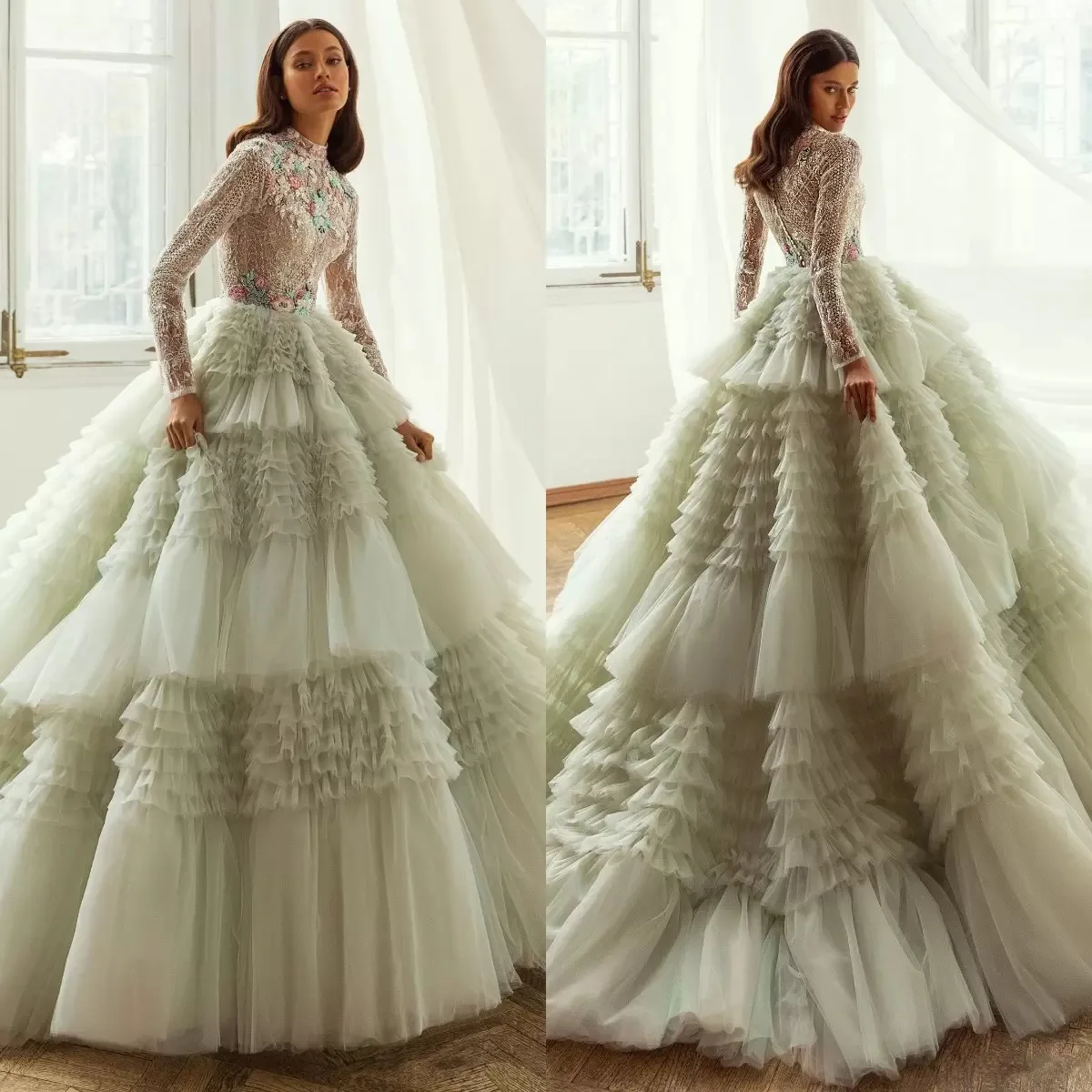 

Sage Green Layered Tulle Arabic Evening Dresses Floral Appliqued Beading Sequined Formal Prom Party Second Reception Gowns