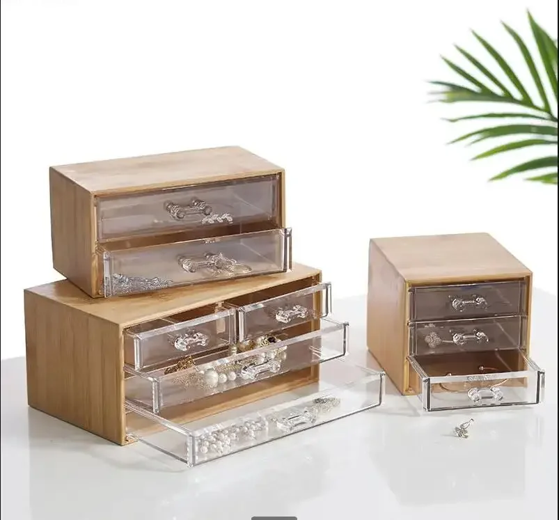 3-layer Bamboo Storage Box Drawer Jewelry Dustproof Tray Organizer Desktop Organize Boxes Makeup