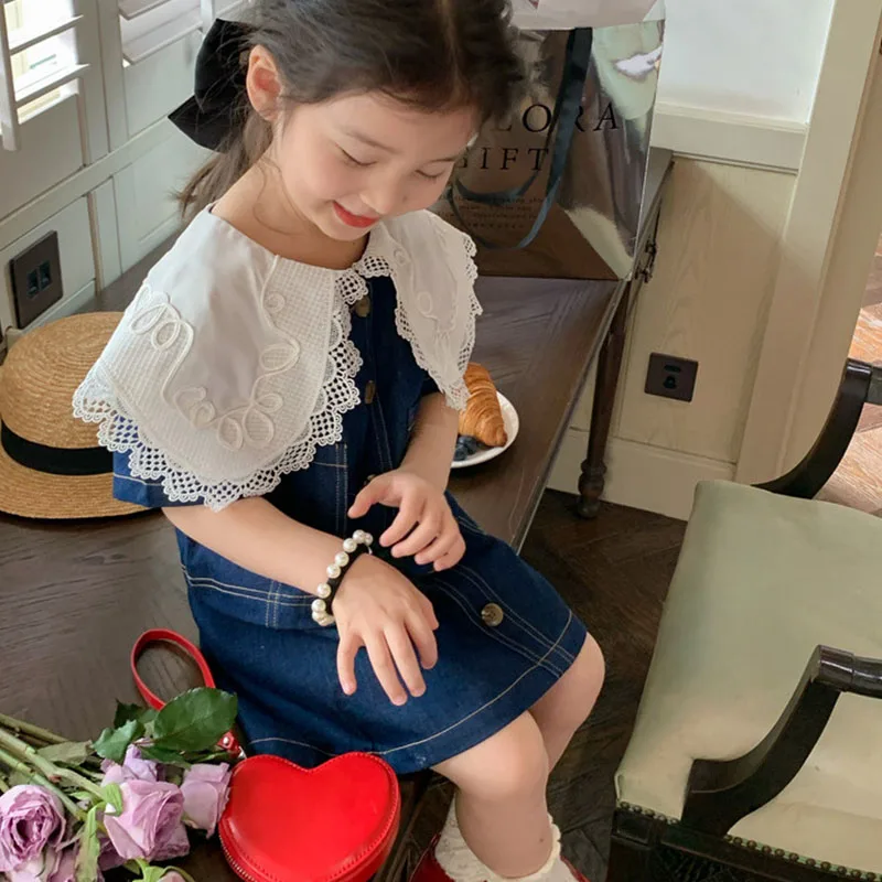 2022 Summer Girls Fashion Denim Suit Lace Edge Large Lapel Short-Sleeved Top +Denim Skirt Children\'S Clothing Sets For Girls
