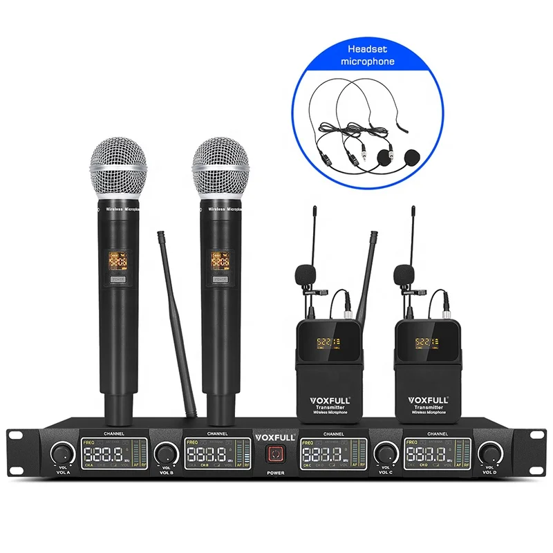 4 channel wireless karaoke Microphone Professional with handheld lavaliar headset and conference For party speech KTV church