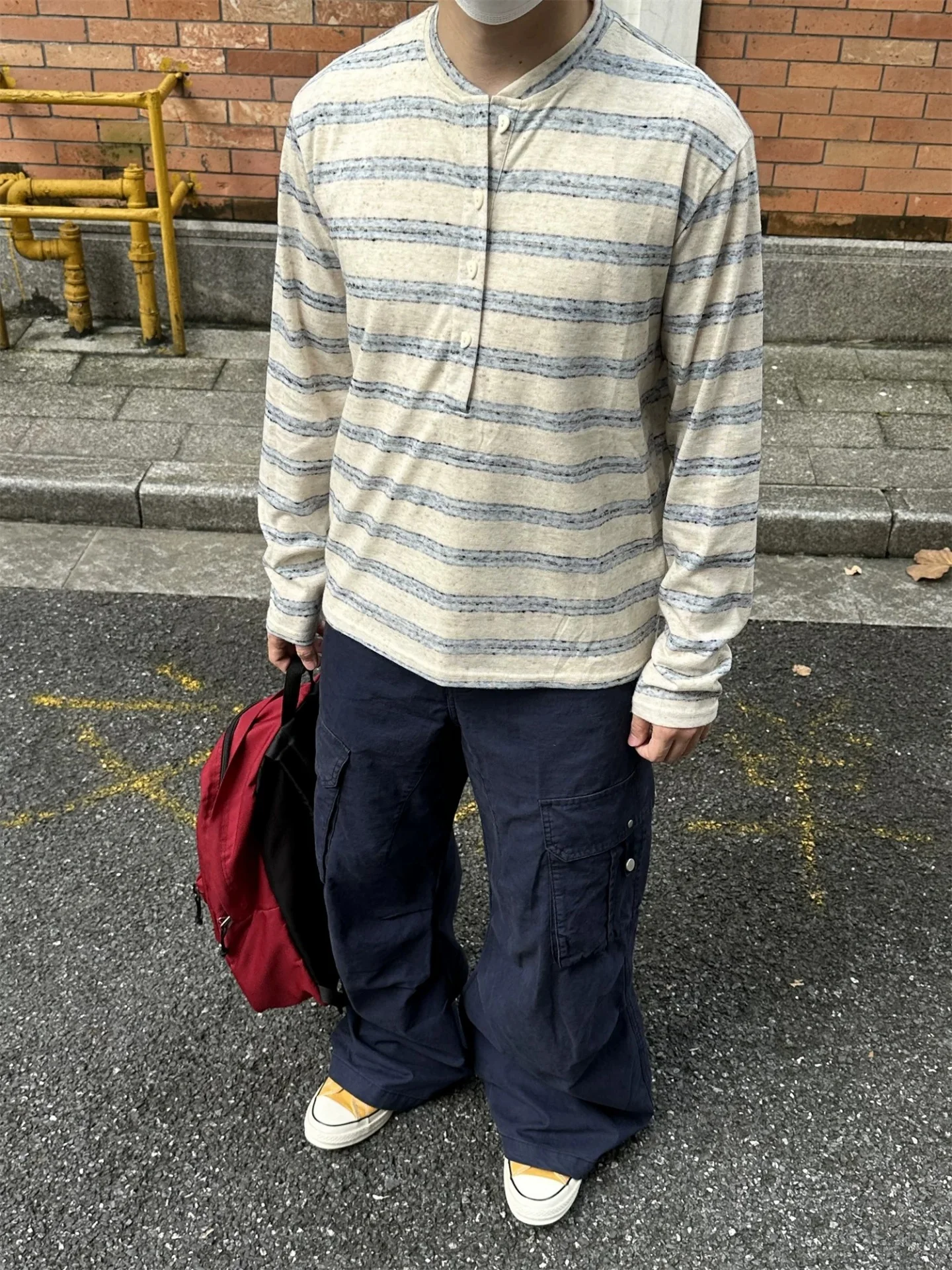 Loose Casual Long Sleeve Henry Collar T-Shirt Men's Fashion Stripe Print Bottoming Top Vintage Japanese Style Spring Youth Trend