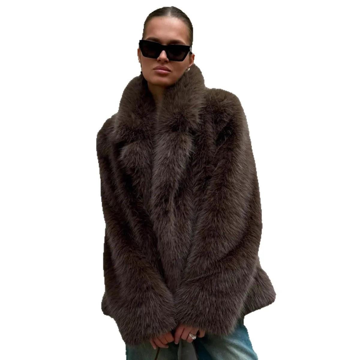 معاطف فرو الثعلب الصناعي سترات نسائية متينة متوسطة الطول وياقة على شكل طية صدر وأكمام طويلة ملابس خارجية فروي سميكة وفضفاضة غير رسمية لخريف وشتاء 2025