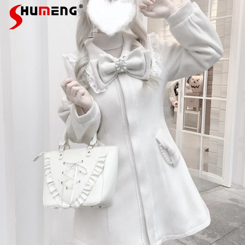 

Winter Autumn Japanese New Original Lace Series Mass-Produced SC Bowknot Coat Black Beige Wool Woolen Long-sleeves Jacket Ladies
