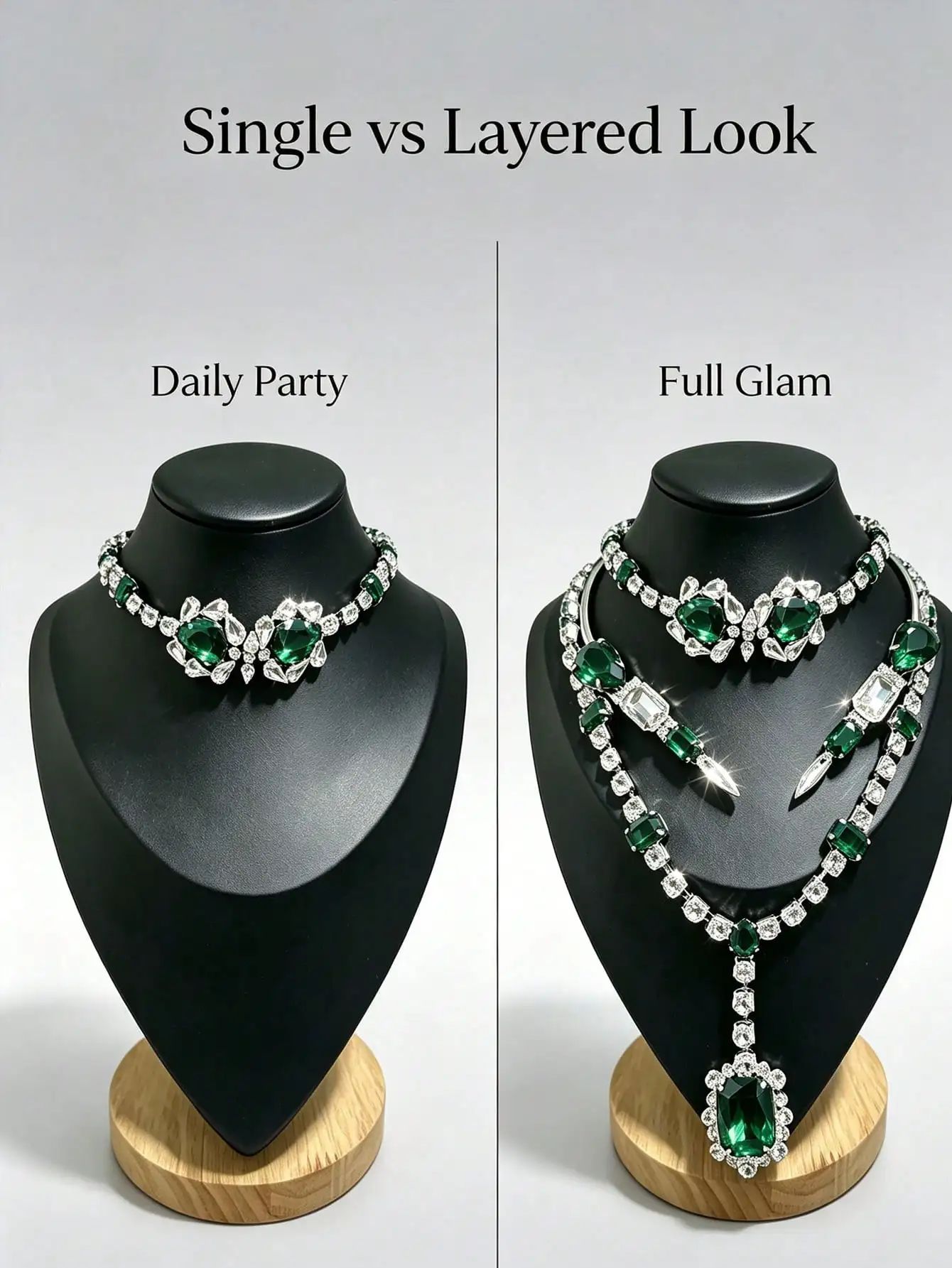3-teiliges Set aus schichtweiser Halskette mit smaragdgrünen Kristallen, luxuriöse Statement-Halskette im Y-Drop-Stil für Partys, Abschlussbälle und Hochzeiten. – Detail 4