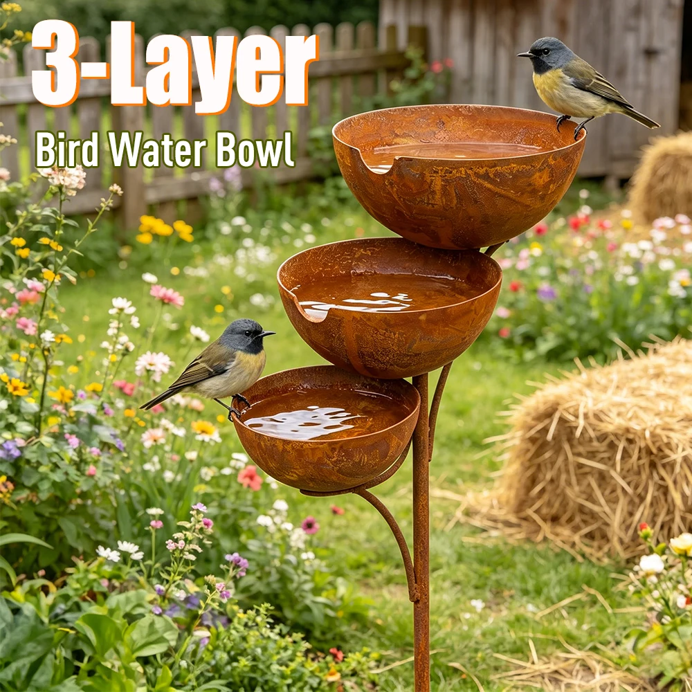 3-Layer Garden Feeder with Metal Stake Bird Water Feeding Bowl Bird Bath and Feeder for Outdoors Garden Patio Yard Lawn Decor