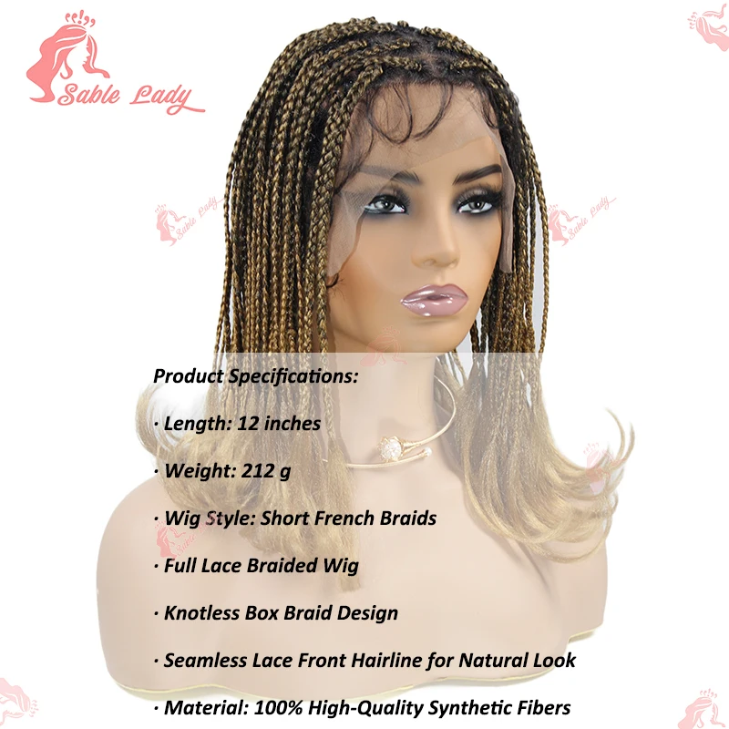 12" Short French Curls Braiding Hair Synthetic Braided Wigs For Black Women Knotless Box Braid Wig Full Lace Braids Hair Wig