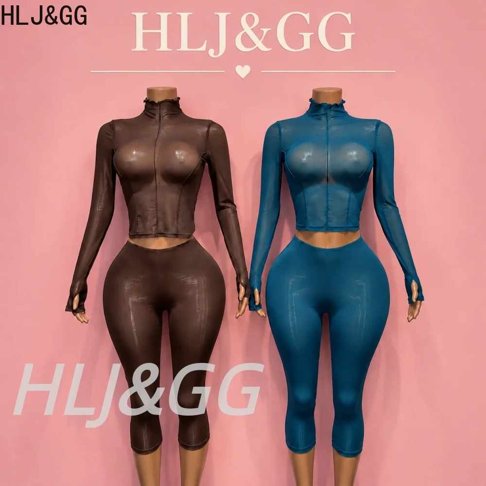 HLJ&GG Sexy Mesh See Though Two Piece Sets Women Round Neck Long Sleeve Crop Top And Skinny Capri Pants Outfits Fashion Street