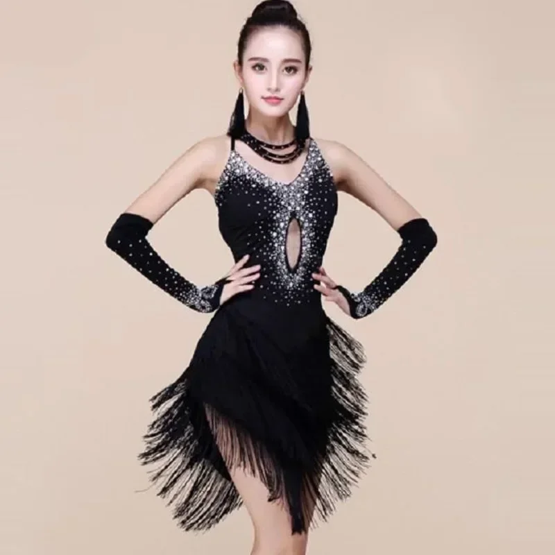 

Latin Dance Fringe Dress Woman Tassel Sexy Rhinestone Ballroom Tango Salsa Tango Dance Costume Red Black Performance Stage Wear