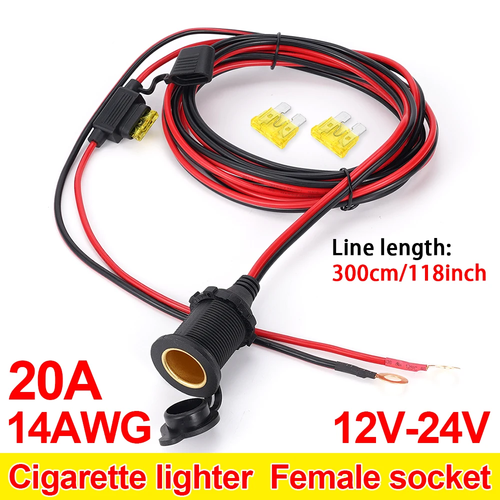 

12V 24V Car Motorcycle Truck Cigarette Lighter Socket Charger Cable Female Socket Outlet Connector Adapter with 20A Fuse+Cable