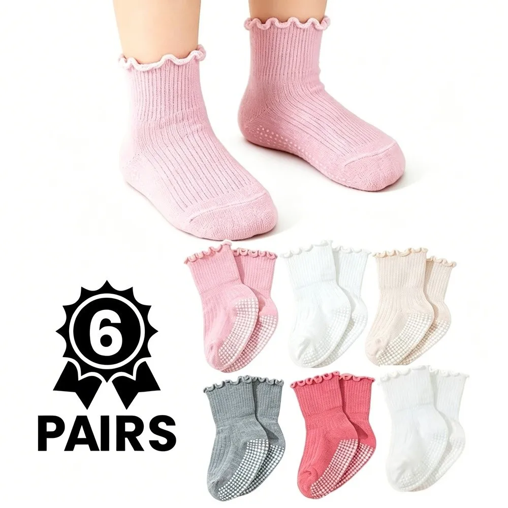 6 Pairs 6 Pairs Pack Anti-Slip Socks Ruffled Design Breathable Fabric Infant Socks Floor Socks All Season Newborn Socks