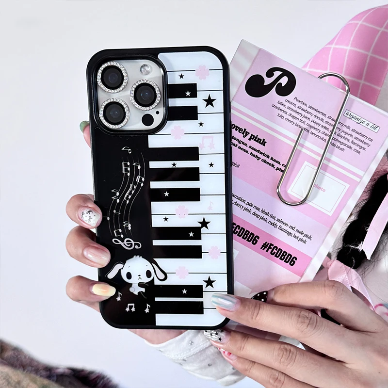 Dulce conejo negro blanco nota de Piano linda chica Retro mate funda de teléfono para IPhone 17 16 15 14 13 12 11 Pro Max Plus cubierta de aventura