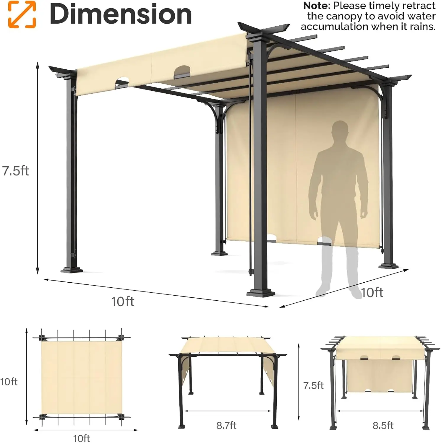 10’x 10' Outdoor Pergola Aluminum Retractable Pergola Canopy with Adjustable Roof, Patio Pergola for Deck, Porch, Garden, Yardn