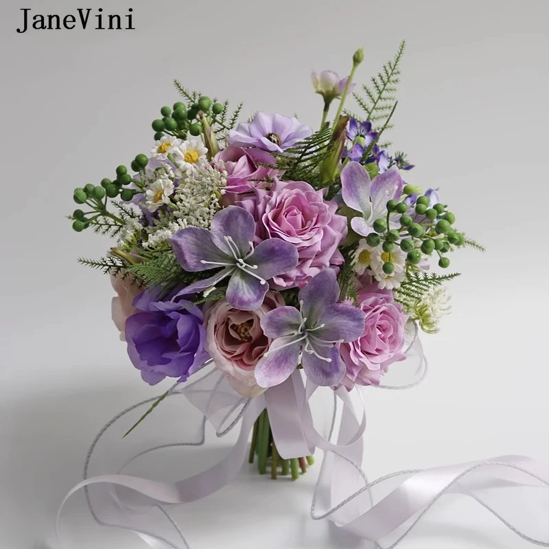 JaneVini Romantic Artificial Pink Purple Bridal Bouquets Handmade Silk Roses Hydrangea Korean Wedding Bouquet Flowers for Bride