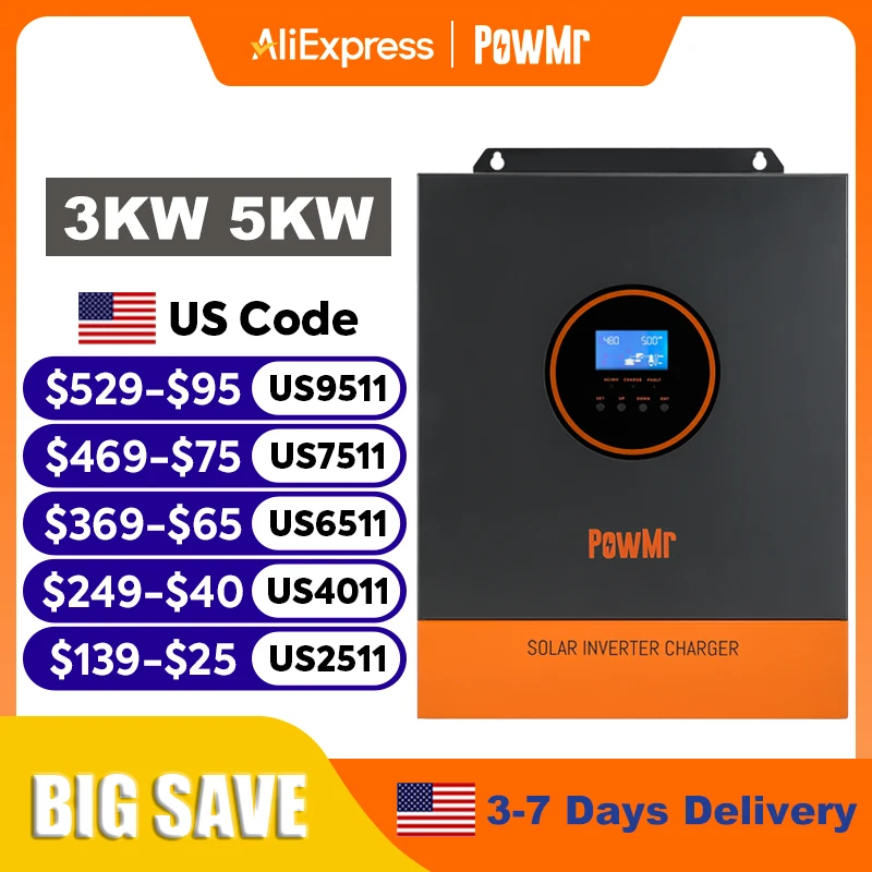 

PowMr 3000 Вт 5000 Вт Гибридный солнечный инвертор 24 В 48 В 110 В Однофазный чистый синусоидальный инвертор с солнечным контроллером заряда 80 А MPPT