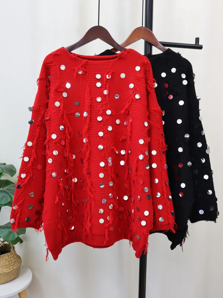 Autumn Winter New High Quality Sequins Fashion Mid-length Design Sense Knitwear Top Tassel Loose Casual Style Sweater Women