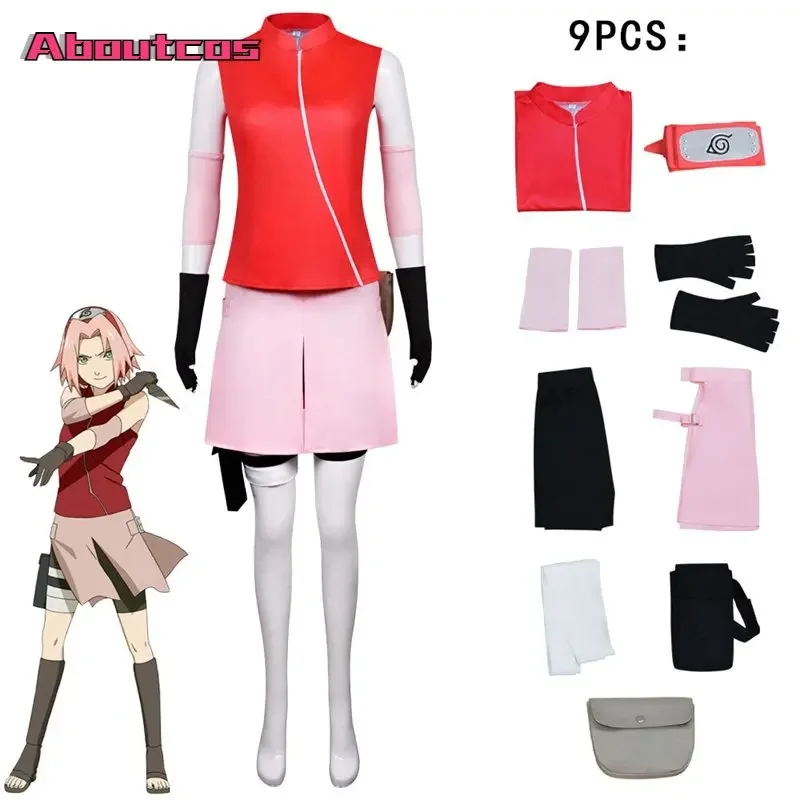 Aboutcos-Haruno Sakura Traje para Mulheres e Meninas Saia Ninja Terno Kunai Tiara Anime Acessórios para Halloween e Carnaval