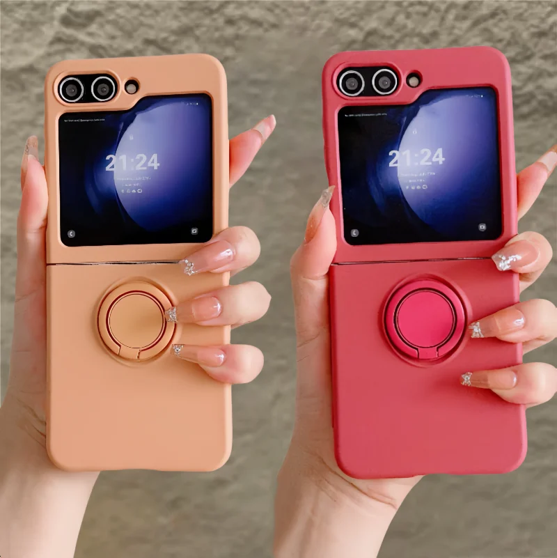 Original Soft Liquid Silicone Fold Bracket Phone Case For Samsung Z Flip 7 6 5 4 Shockproof Candy Color Ring Stand Holder Cover