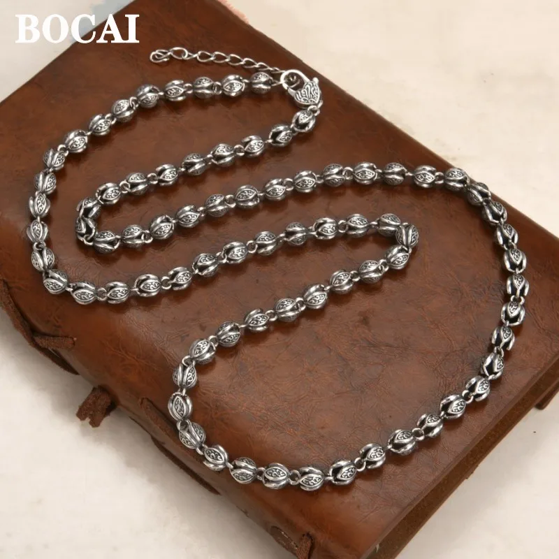 

BOCAI New 100% S925 Silver Jewelry Flower Bud Tang Grass Pattern Ethnic Style Trendy and Fashionable Men and Women's Necklace