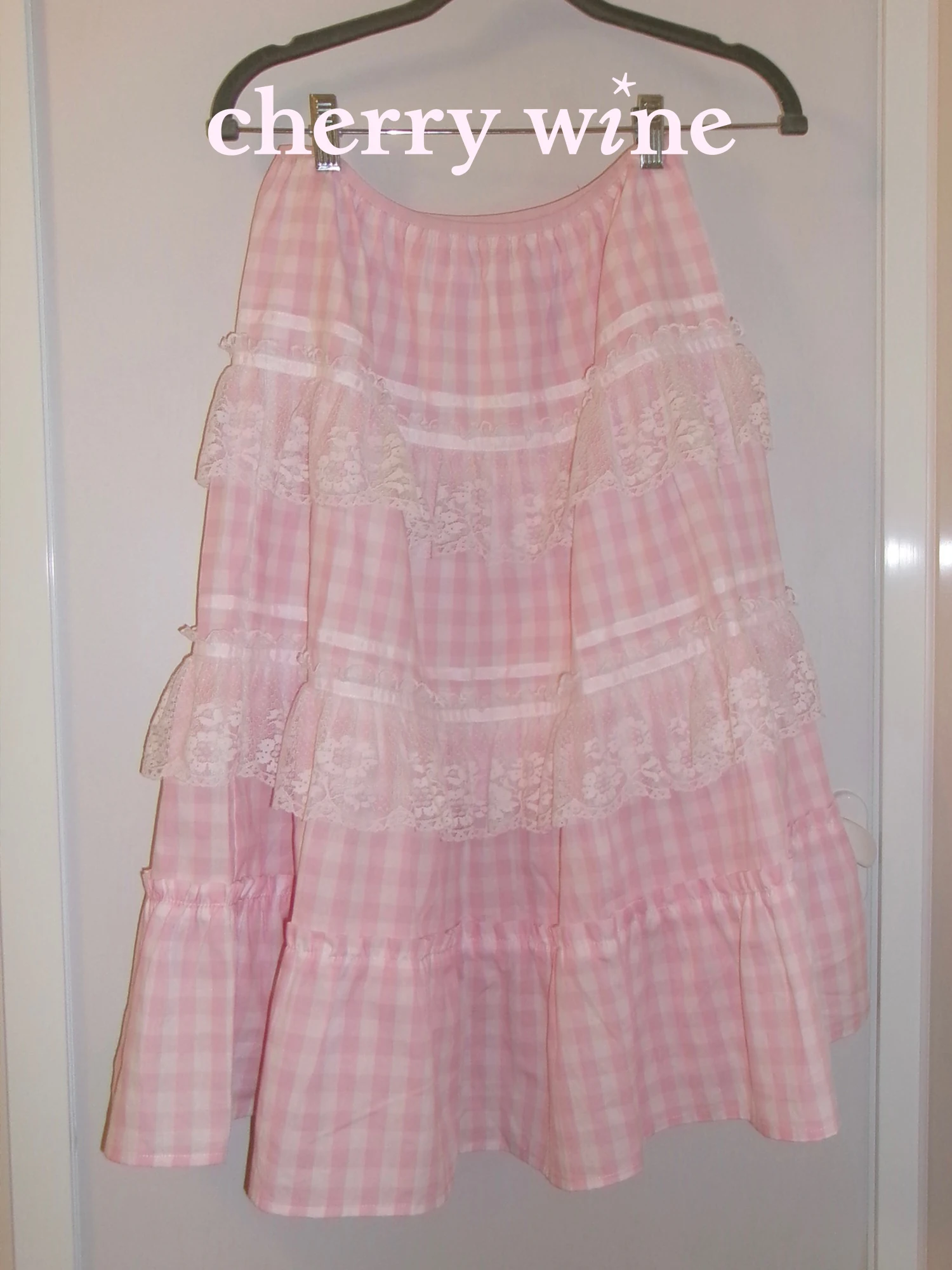 

Cherrywine Mid-Length f Skirt Women's Loose Lace Trim Splicing Vintage Sle Cotton Gingham Cheered A-Line Skirt