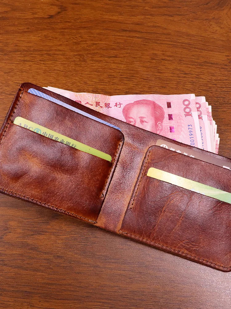 Dompet kulit asli pria, dompet kulit kuda gila, tas kartu, dompet gaya Jepang Retro sederhana