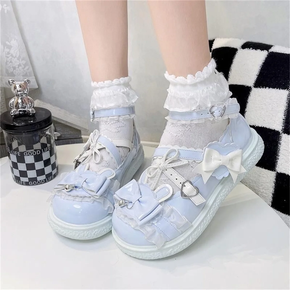 Japanese College Sweet Lolita Girl Shoes Cute Mary Jane Lace Bowknot Small Bell  Rabbit Ear Round Head Flat Bottom 1-3cm Shoes