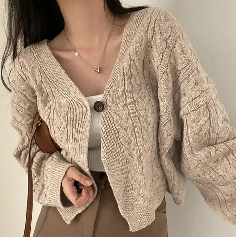 

V-neck Twist Design Long-sleeved Short Knitted Cardigan Sweater JacketFall Autumn and Winter New Women's Clothing Retro