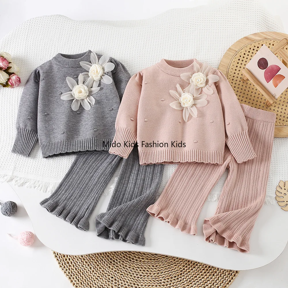 

Girls' Sweater Set Autumn/Winter Arrival Two-Flower Knitted Wool Dress Baby Girl's Korean Style Fashion Knitted Pullover