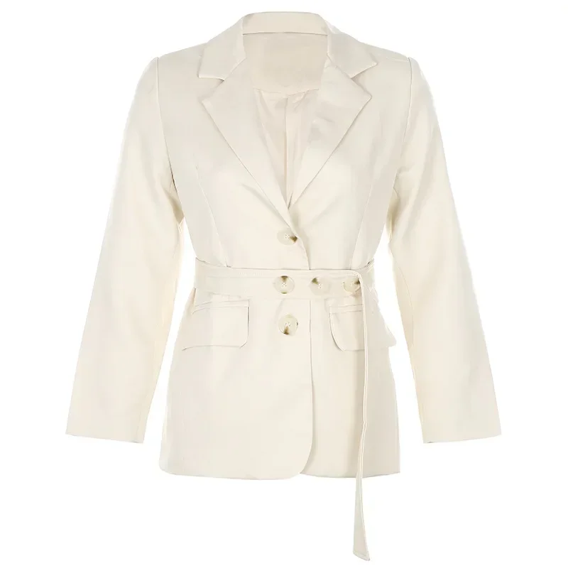 Two Buckles Long Sleeve British Style Solid Colors Blazers Loose Casual Suits with Sashes Women New Fashion Office Work Blazer