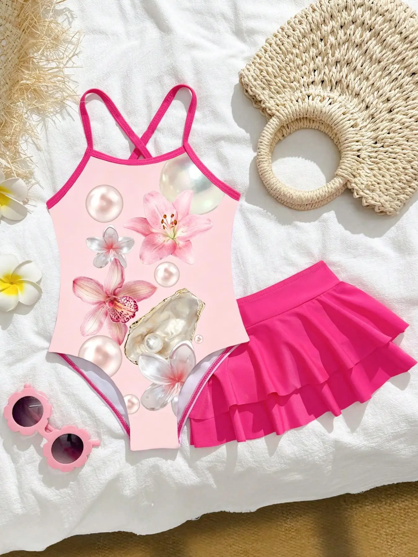 Girls' Summer Casual Swimwear, Girl's Suspender One-Piece Swimsuit + Skirt Two-Piece Set, Kidsren's Printed Swimsuit in Rose Pink, Fashionable and Cute, Suitable for Girls Aged 4-12, Beach Clothes