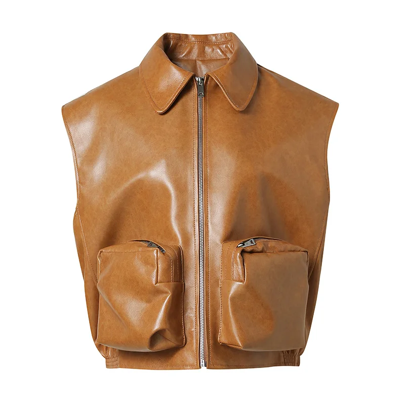 Designer Real Leather Vest with Pockets Women Solid Zipper Sleeveless Vintage Female Jackets Autumn Outerwear ZM5979