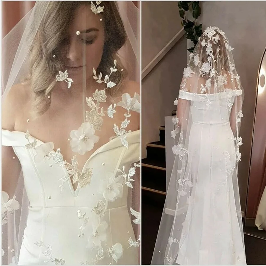 New Arrival One Layers Lace Appliques Beaded Pearls Wedding veils Sexy 3 meter Bride Veils Wedding Accessories