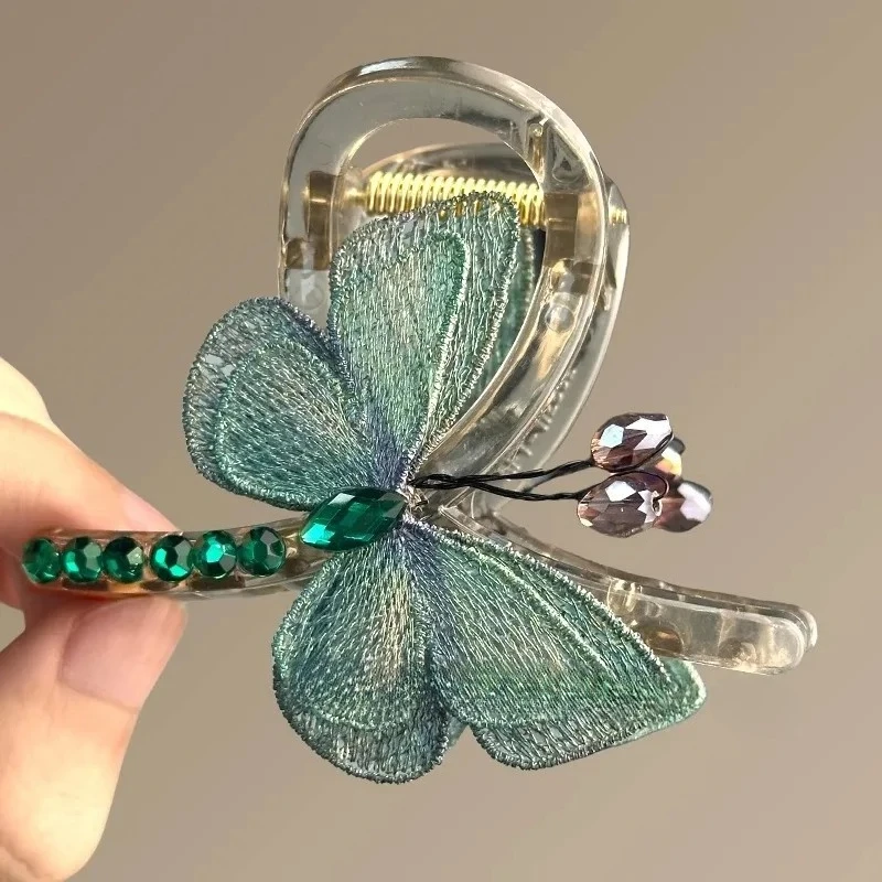 Hair Claw Clip Butterfly Embroidered Elegant Green Half-tied Hair On The Back Of The Head Shark Clip Retro Style Embroidered But view 3