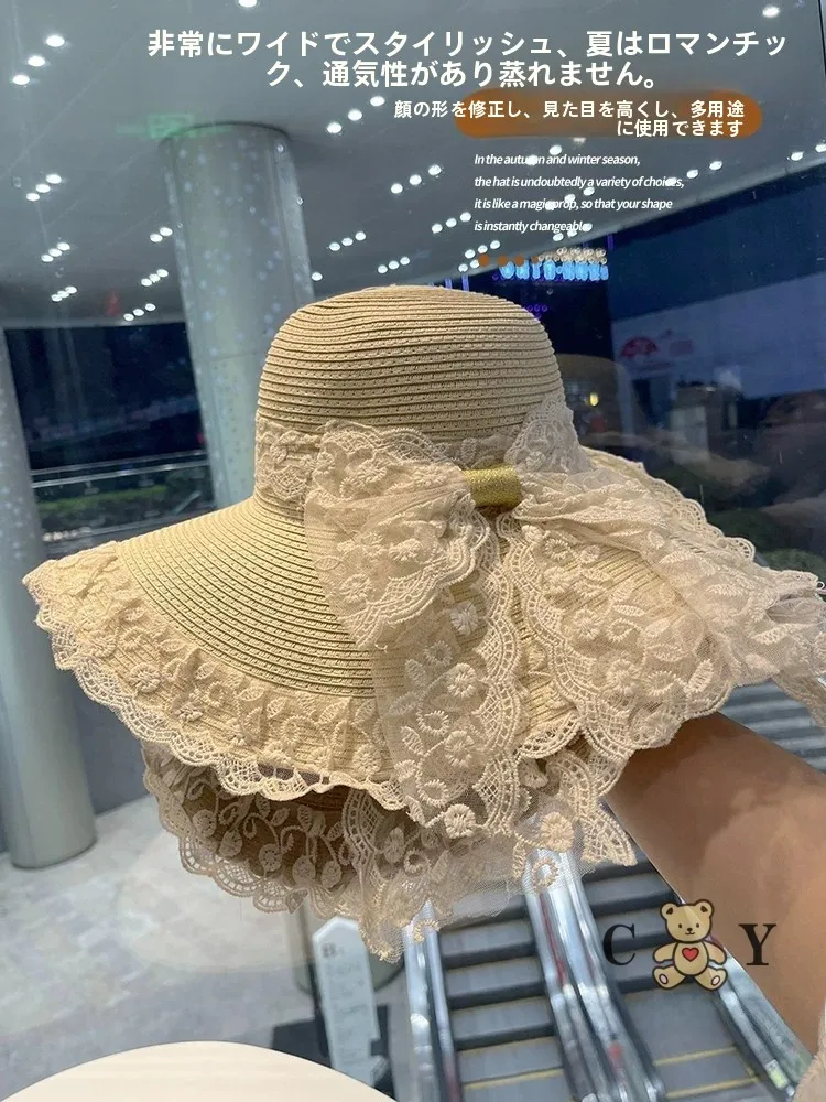 sweet-lace-bow-knot-wide-brim-straw-hat-women's-summer-face-slimming-fisherman-sun-protection-hat-casual-breathable
