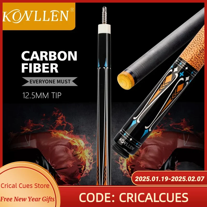 Konllen Cue Carbon Energy Full Carbon Fiber Pool Cue Shaft 12.5mm Kit 3/8*8 Radial Pin Joint Cowhide Grip Play Cue Stick Kits