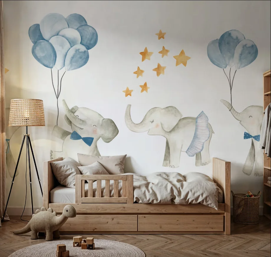Customized size mural hand-painted cartoon elephant hot air balloon children's room wallpaper home decoration kindergarten mural