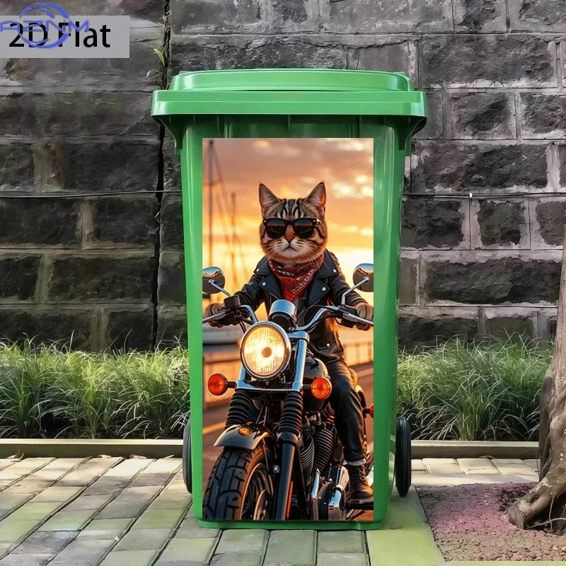 Trash Can Sticker, Cute Cat Riding a Motorcycle Fun Theme Design, Self-Adhesive Wall Decal Wallpaper for Kitchen Trash Can De