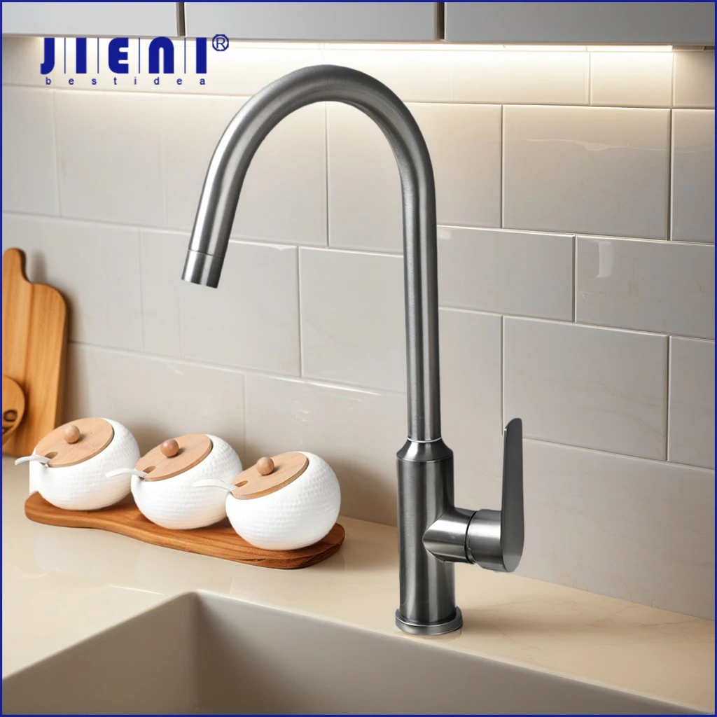 

JIENI 360 Swivel Kitchen Faucet Gun Gray Modern Kitchen Sink Faucets Gunmetal High Arc Cold & Hot Water Mixer Taps Easy Install