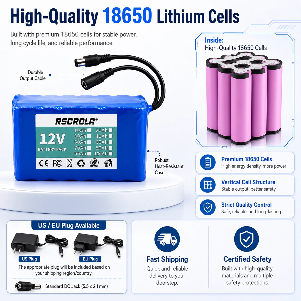 Rechargeable 12V 18650 Lithium Battery Pack with BMS, for Solar, LED Light, RC Model, Power Supply, Long Cycle Life with Charger view 3