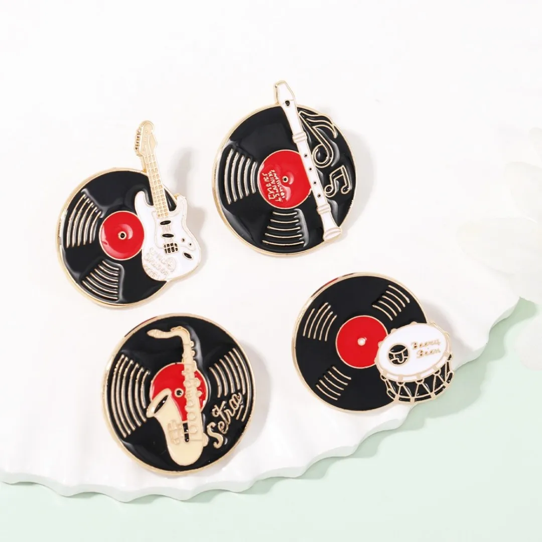 Record Music Enamel Pins Retro Vinyl Electric Flute Drum Guitar Musical Badge Clothing Decorate Brooch Gift Custom Wholesale view 2