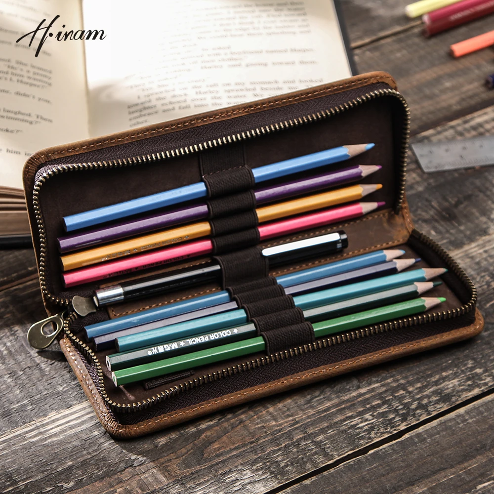 Vintage Pencil pouch Genuine Leather Big Zipper School Pencil Case Pen Bag Office School Supplies Stationery For Adult Child