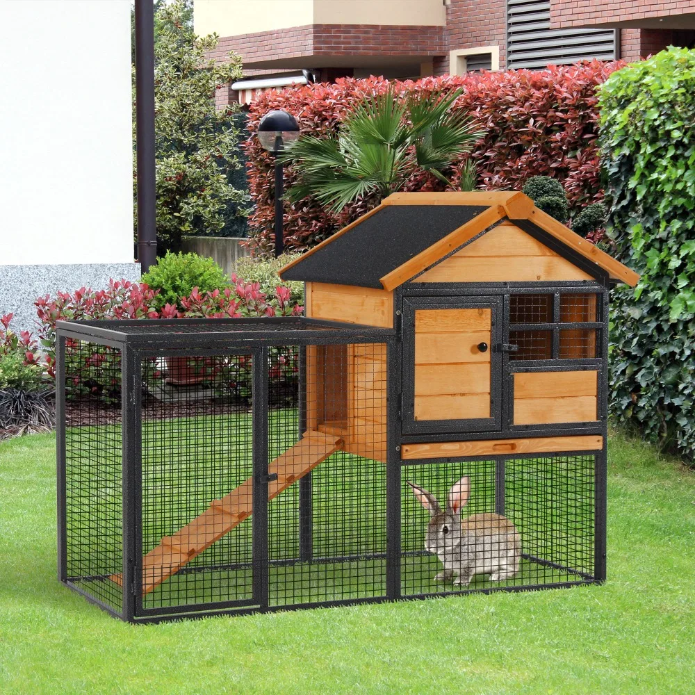 

Outdoor Rabbit Hutch with Elevated Design & Galvanized Wire - Sturdy Fir Wood, Lockable Doors & Removable Tray for Small Pets