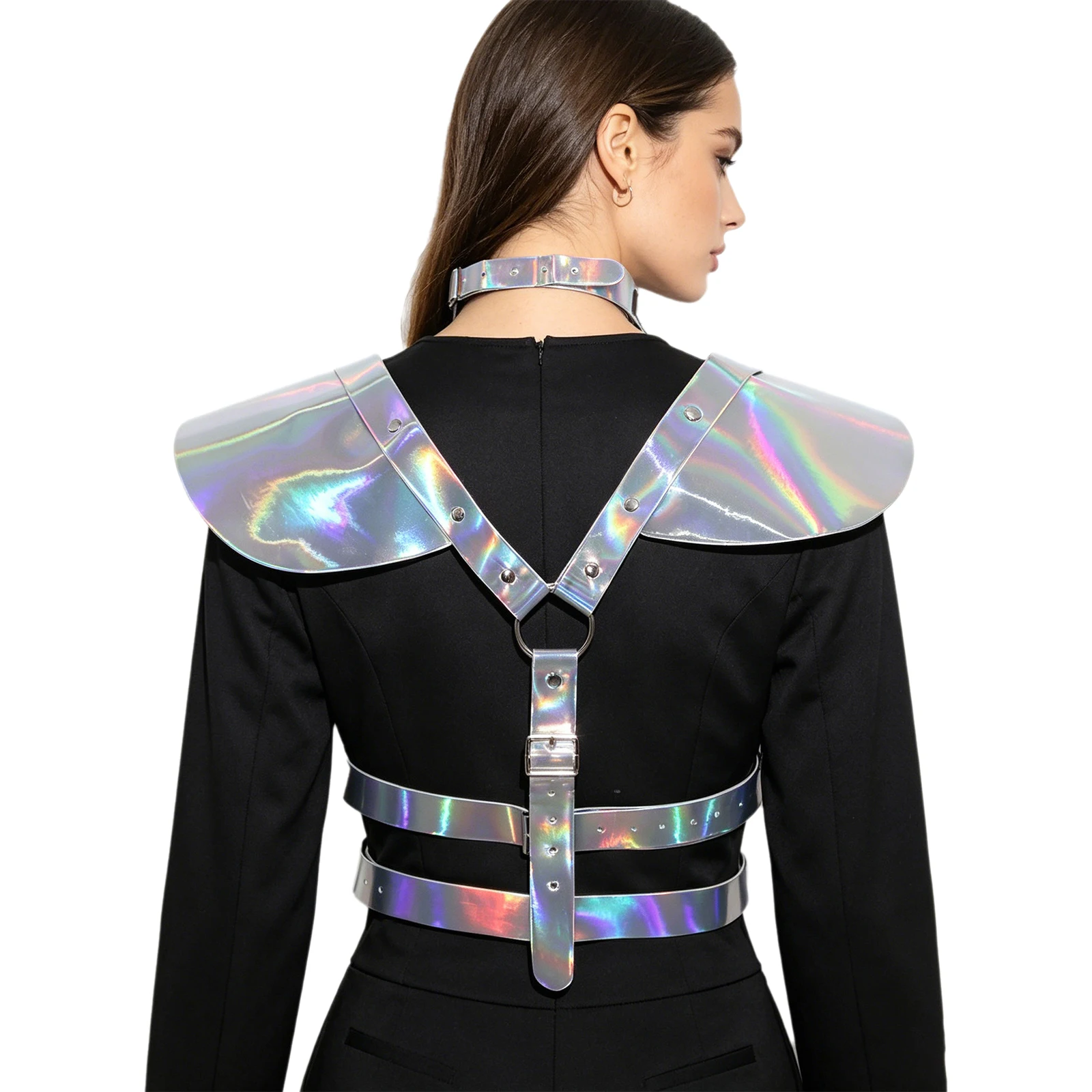Women Iridescent Metallic Chest Harness Fly Sleeve Hollow Out Adjustable Strap Gothic Body Belt Corset Stage Clubwear