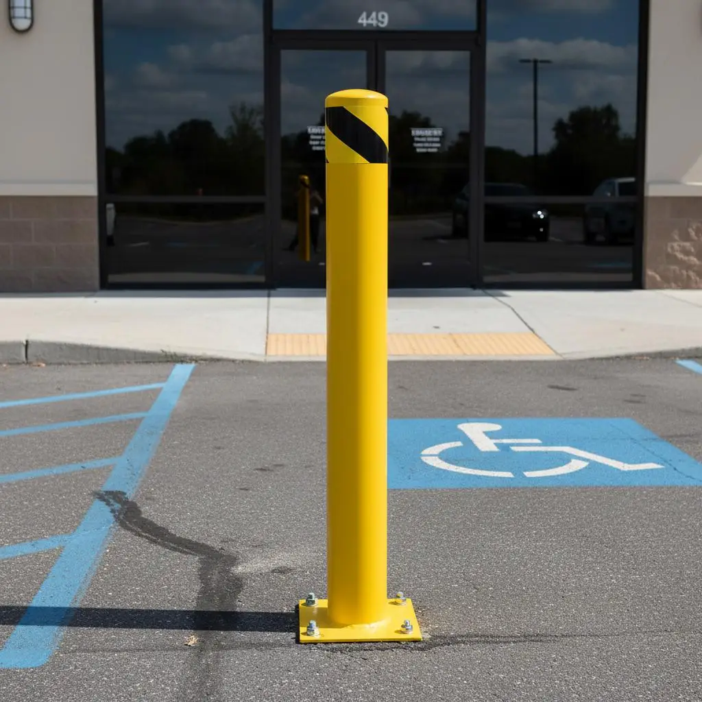 

Опорный столб для ограждений 48"x4.5" для парковок, подъездных путей, строительных площадок, желтая стальная конструкция с порошковым покрытием, 4 анкерных болта