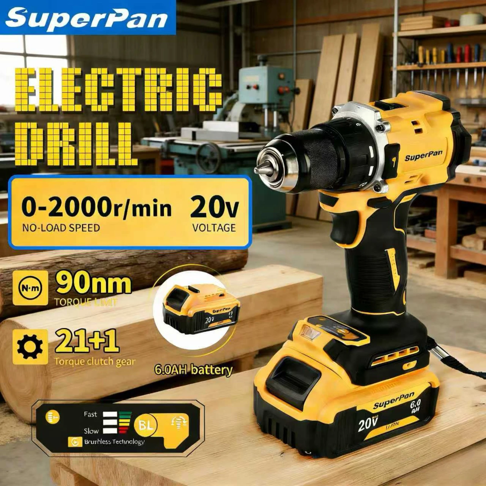

SuperPan SP805 Brushless Impact Drill 90N.m Torque High Power Low Consumption 1.5~13mm Chuck Durable for dewalt 20V battery pin