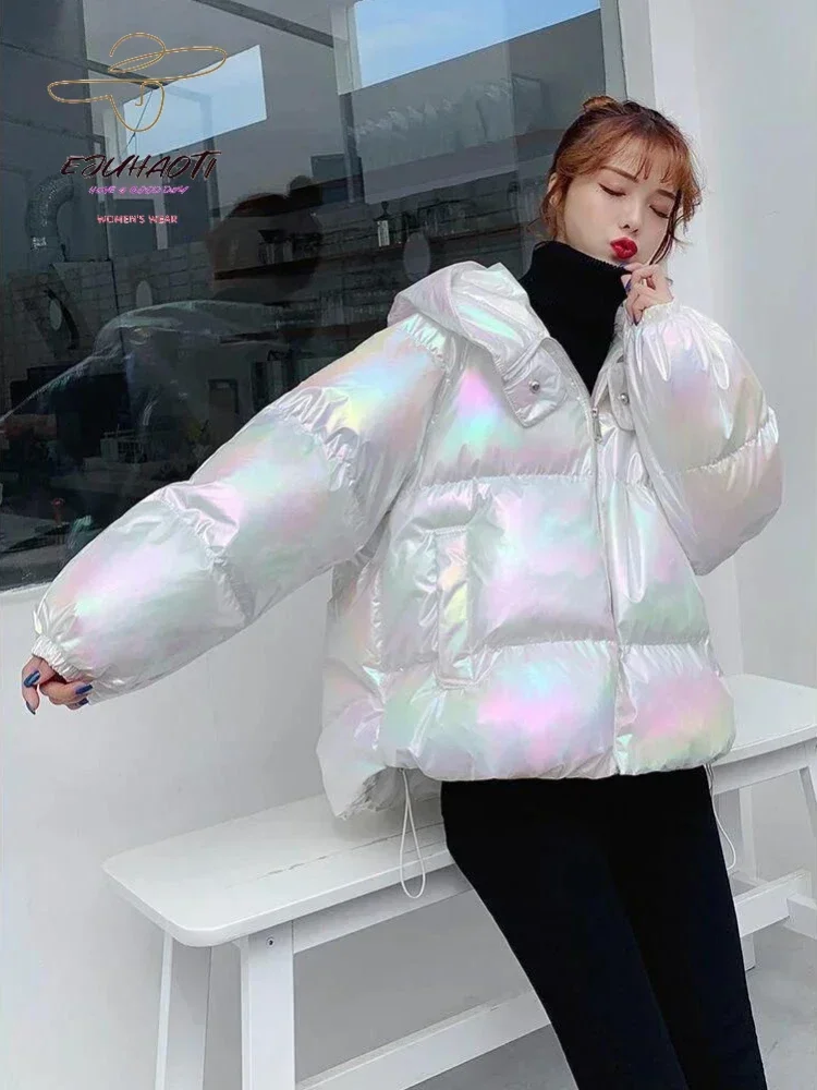 Women\'s Jacket Colorful Glossy Surface Hooded Cotton Coat Winter Korean Fashion Thicken Parkas Womens Clothing Loose Warm Tops