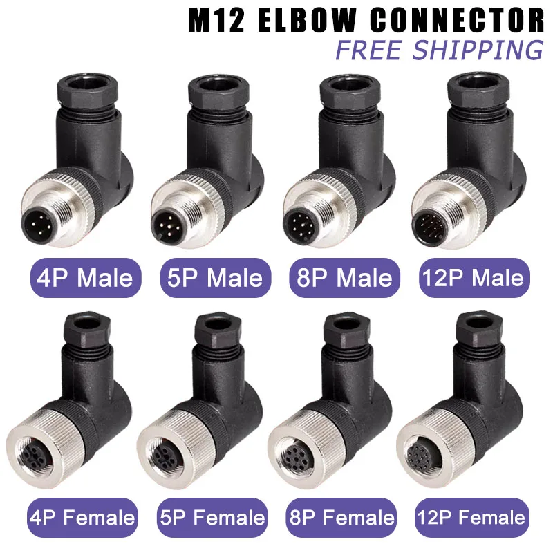 5/10/20Pcs M12 Sensor Connector Waterproof Elbow Straight Angle Male Female Screw Threaded Plug Coupling 4 5 8 12Pin