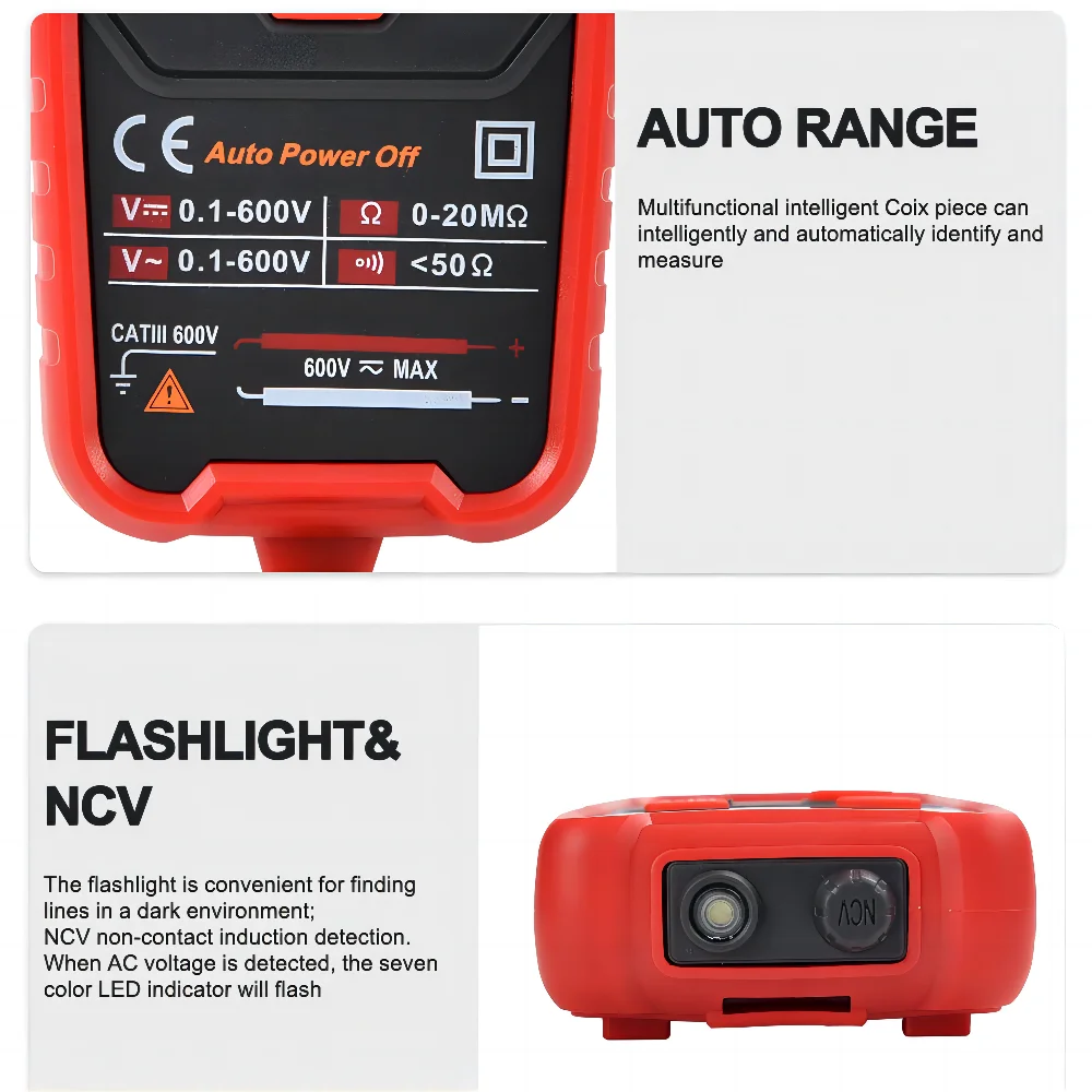 QHTITEC-625T Multímetro Digital, True RMS, Alcance Automático, Multímetro, Medidor de Transistor, AC, DC Tensão Tester com Lanterna NCV