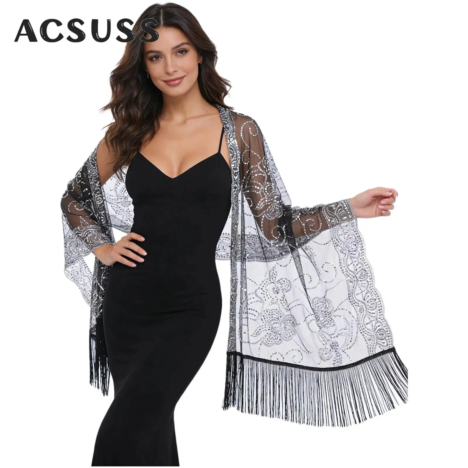 Womens Vintage Sequin Cardigan Bolero Shawl Shrugs Floral Pattern Fringed Sheer Cover Up Wraps Scarf for Cocktails Evening Party